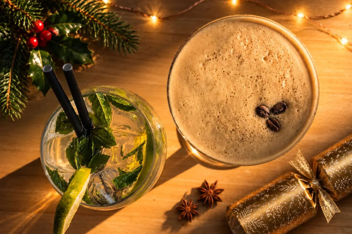 Two drinks at Seashells surrounded by festive holly, warm lights and a gold Christmas cracker
